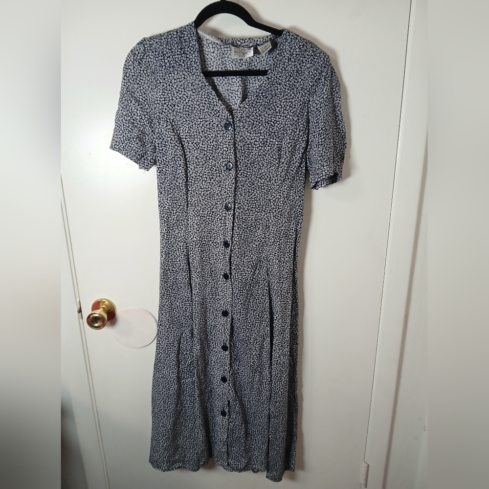 90s Vintage Allyson Whitney Black And White Floral Midi Dress with Buttons